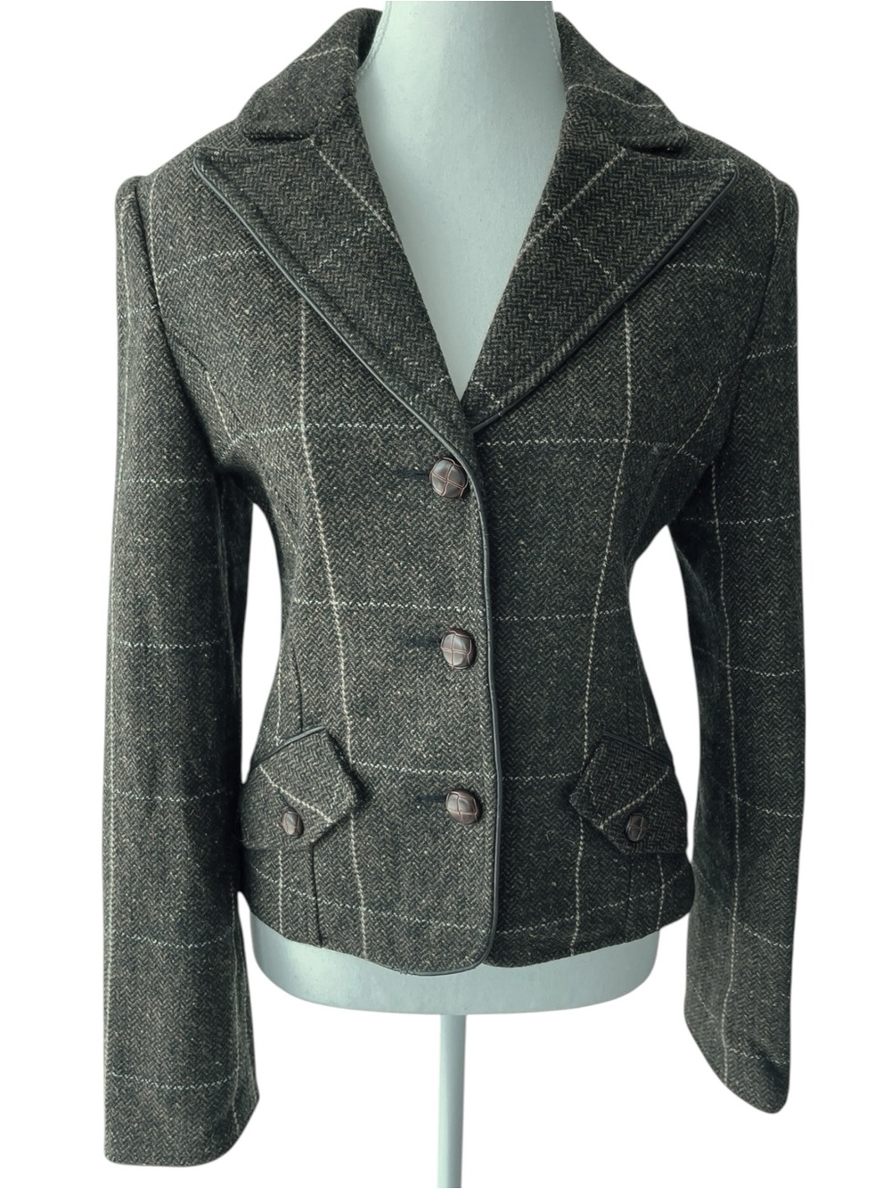 Women's Brown Tweed Windowpane Tailored Wool-Blend Blazer Size 5/6
